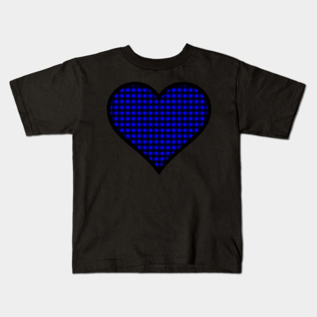 Cobalt Blue and Black Gingham Heart Kids T-Shirt by bumblefuzzies